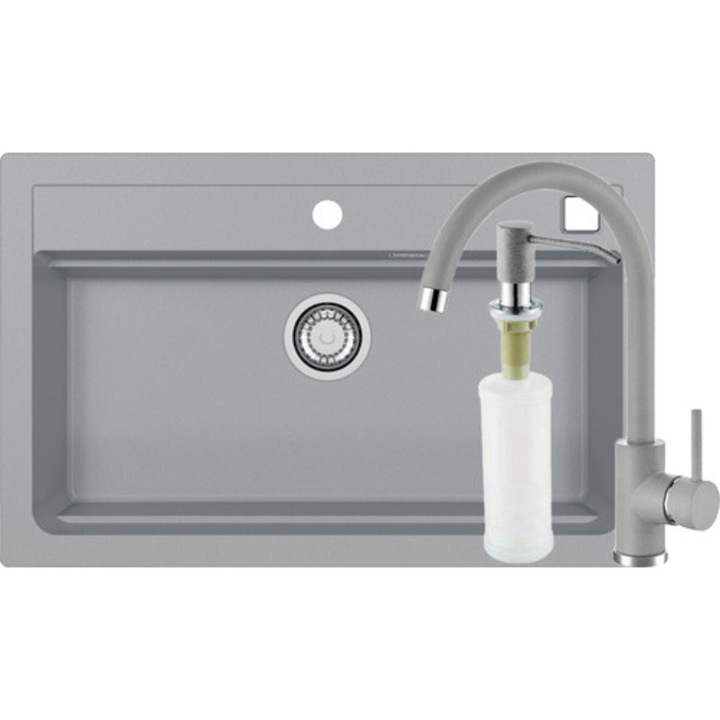 Pachet Chiuveta Bucatarie Alveus Atrox 40 Granital Gri + Baterie Monocomanda Kati + Dozator Sapun