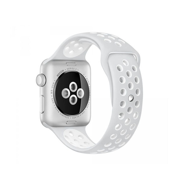 Perforált sportszíj, Apple Watch-al kompatibilis, szilikon, szürke-fehér, 42/44/45/49 mm, hossz M/L