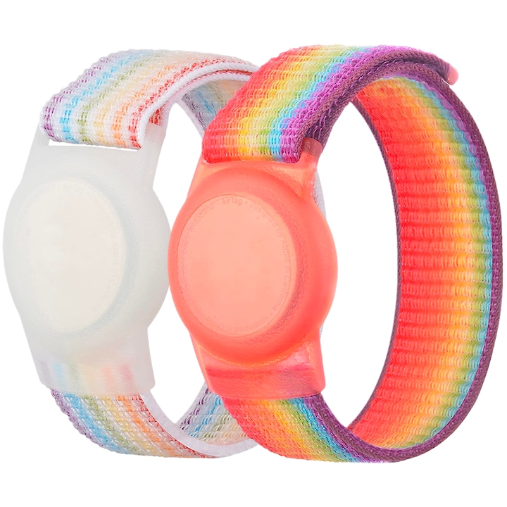Set 2 bratari pentru Apple AirTag, MATCHEASY, Nylon/Termoplastic, Rainbow/Multicolor