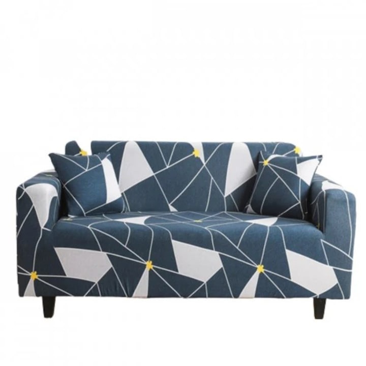 Modern sztreccs huzat 2 személyes kanapéhoz 1 párnahuzattal, karokkal, kék/fehér