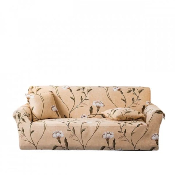 Modern elasztikus huzat 2 személyes kanapéhoz 1 párnahuzattal, karokkal, krém/fehér
