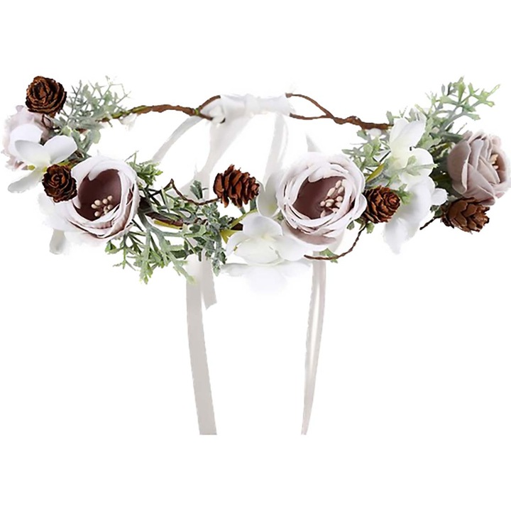 Coronita de par reglabila de decorare a capului, Model de flori si frunze artificiale, Mov, COR58405