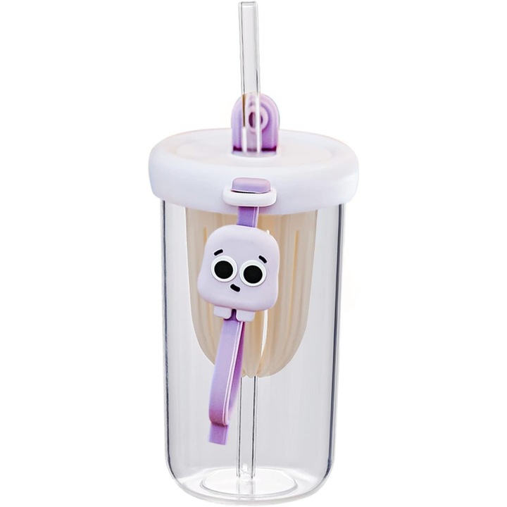 Pahar din silicon, cu capac si pai, pentru copii, By Fitilomania, anti-cadere, compartiment pentru fructe/ceai/gheata, rezistent la temperaturi inalte, 500ml, Mov, 14.5x8.8x20 cm