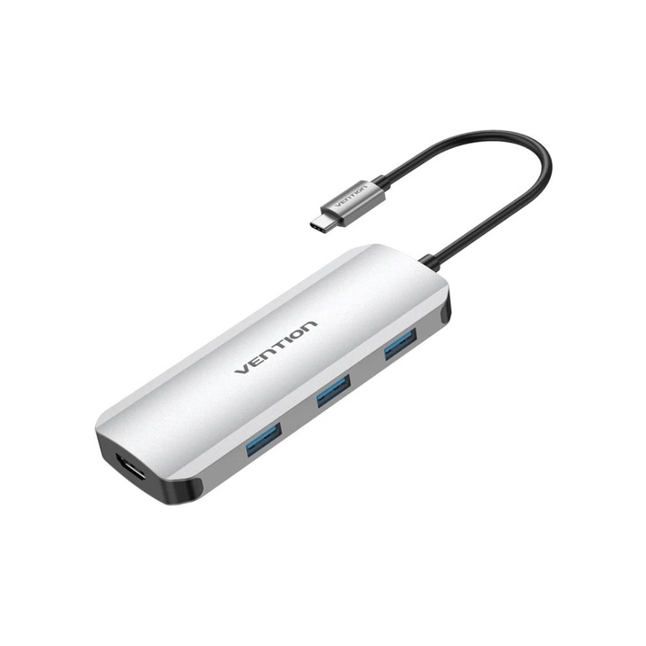 Hub Multiport USB Type-C, Vention, Docking Station, HDMI 4K, 3 x USB 3.0 5Gbps, PD, SD/TF, сив