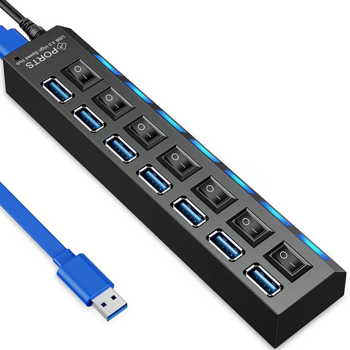 Hub USB RETOO TechConnect, 7 Porturi, USB 3.0, Compatibil USB 2.0/1.1, Viteza Pana La 480 Mbps, Alimentare Prin USB Sau Adaptor Extern, Design Compact, Indicator LED, Buton On/Off, Transfer Rapid De Date, Protectie Supracurent, Ideal Pentru Laptop