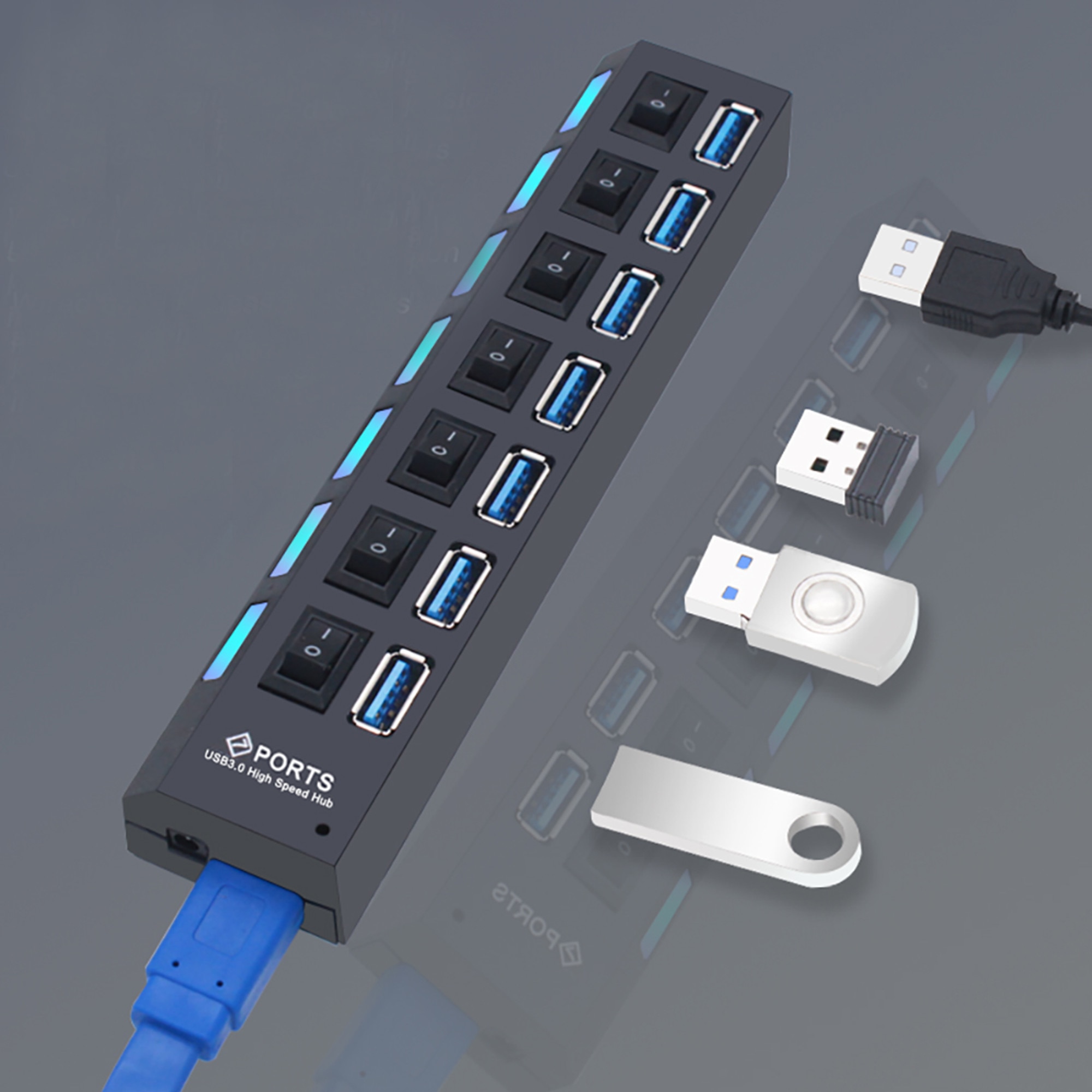 LifeGoods Hub USB 3.0 - 7 Portes - 5Gbps - externe Alimentation - LED Blauw  - Zwart