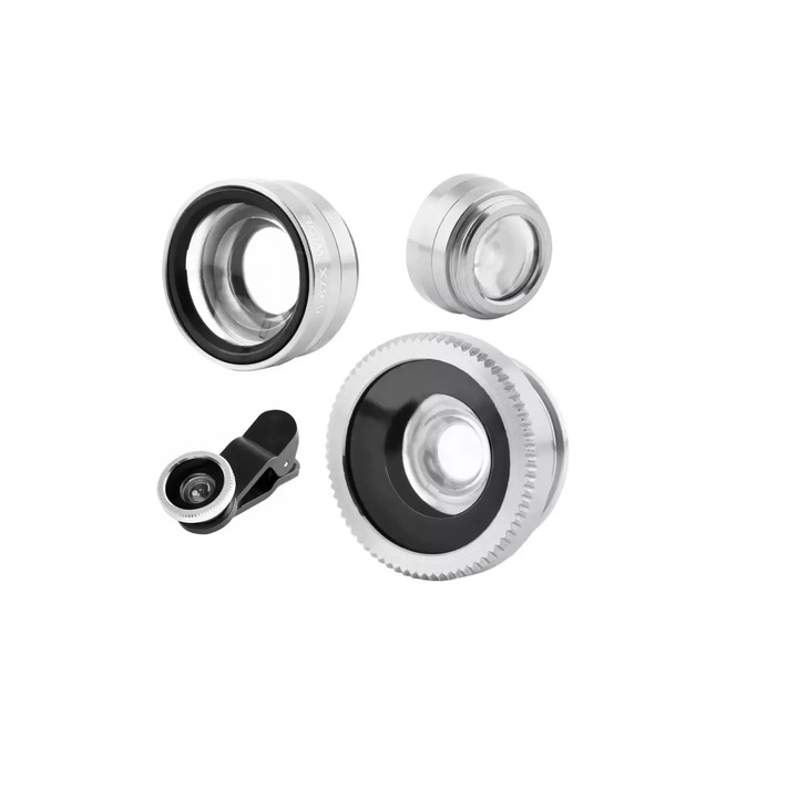 Kit lentile pentru camera foto telefon, Fish Eye, Macro si Wide, 2.5cm diametru lentila, cu clips, Argintiu