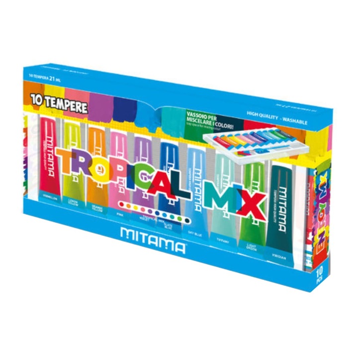 Set 10 culori tempera ecologica Mitama Tropical Mix, lavabile, 10 x 21 ml
