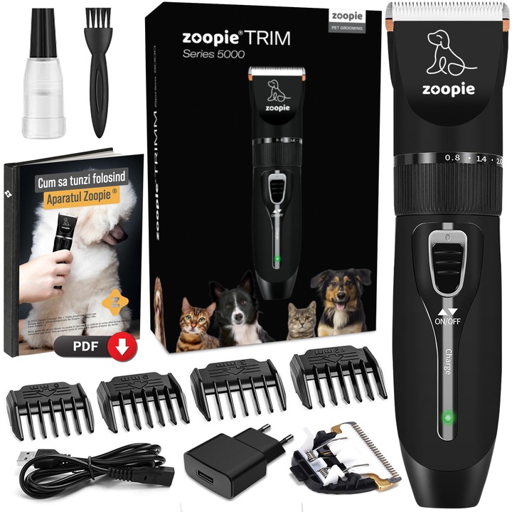 Masina de tuns animale, Zoopie®, TRIM Series 5000, pentru caini, pisici, Lama ceramica de rezerva, Acumulator 1500mAh, Adaptor priza, 6500RPM, Silentioasa, Aparat fara fir, Ghid trimmer, Negru