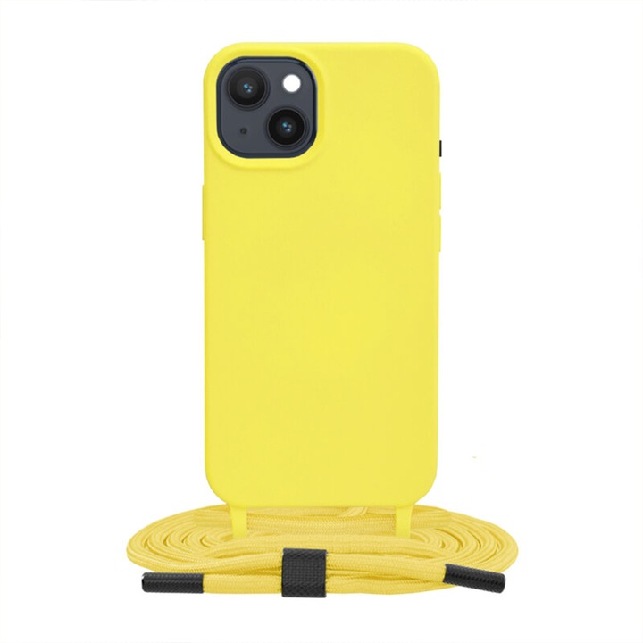 Husa din silicon cu snur pentru iPhone 15, Soft Feeling, Hard TPU, Camera Protection, Perfect Fit, Interior microfibra, Festival style, Incredibly accessible use, Galben