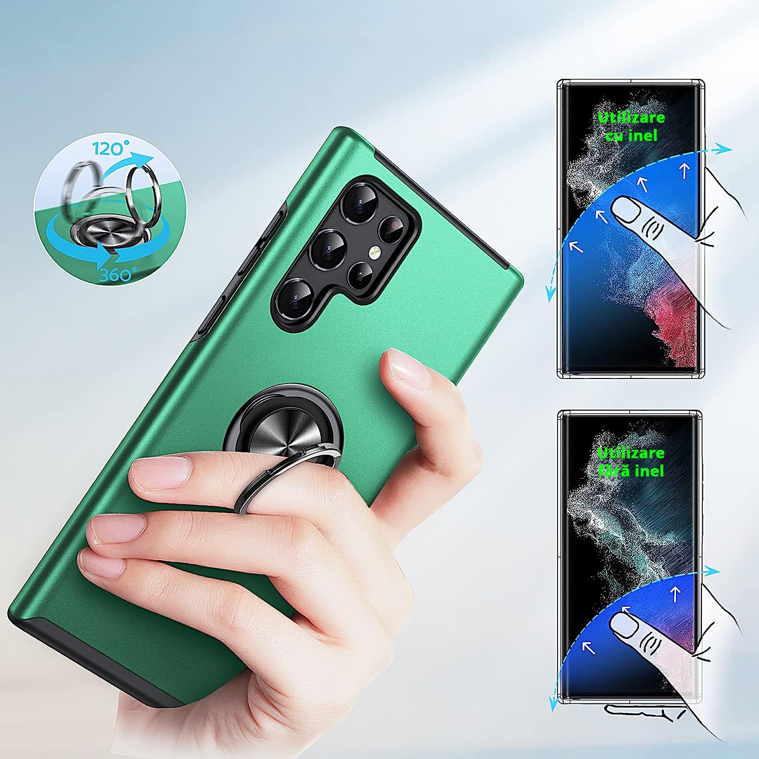 Husa pentru Samsung Galaxy S22 ULTRA, inel rotativ 360° si Kickstand, Protectie Militara Antisoc, cu disipare termica, Verde