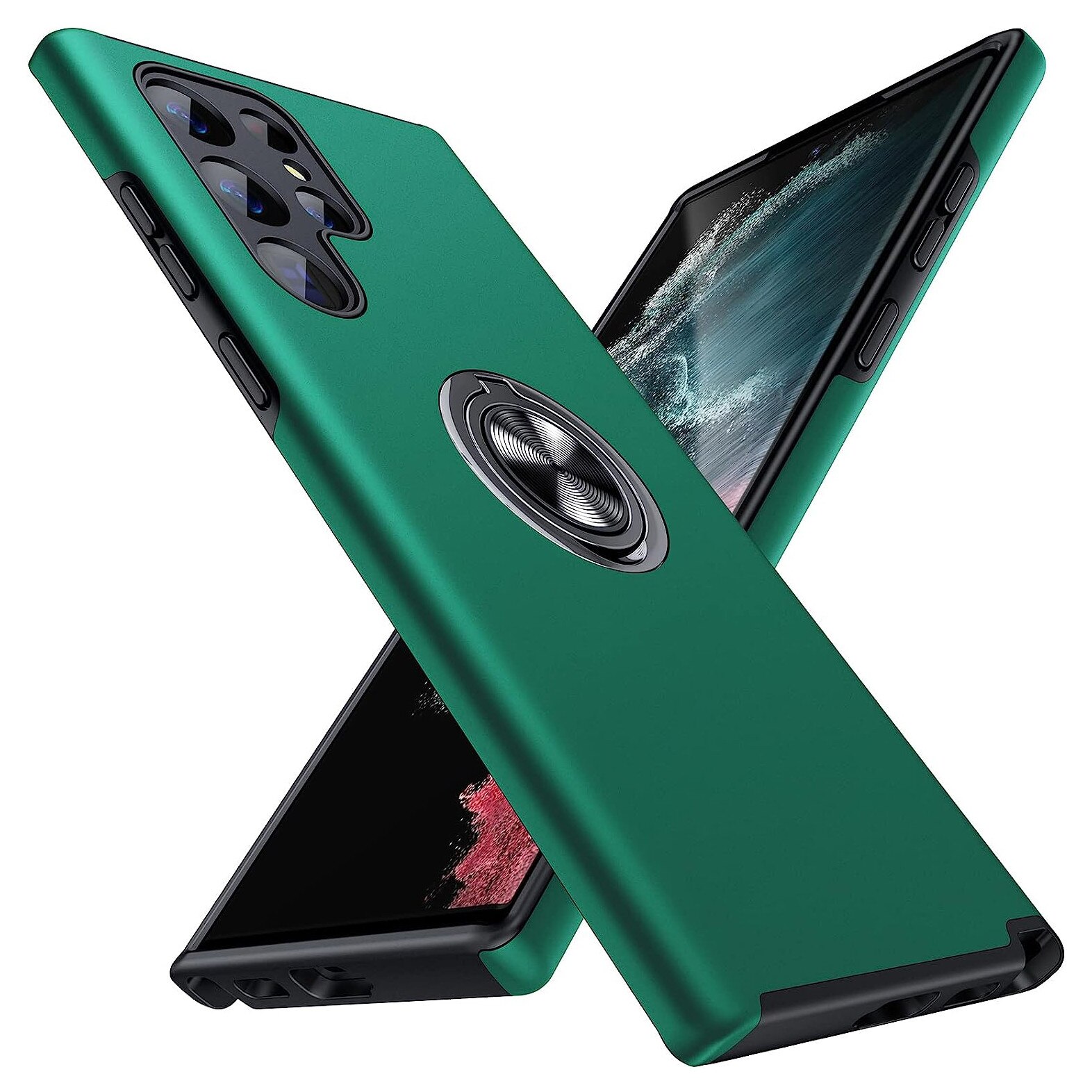 Husa pentru Samsung Galaxy S22 Ultra, MobileSmart, Hibrid Antisoc, Inel Rotativ 360° Magnetic pentru Suport Auto, Verde