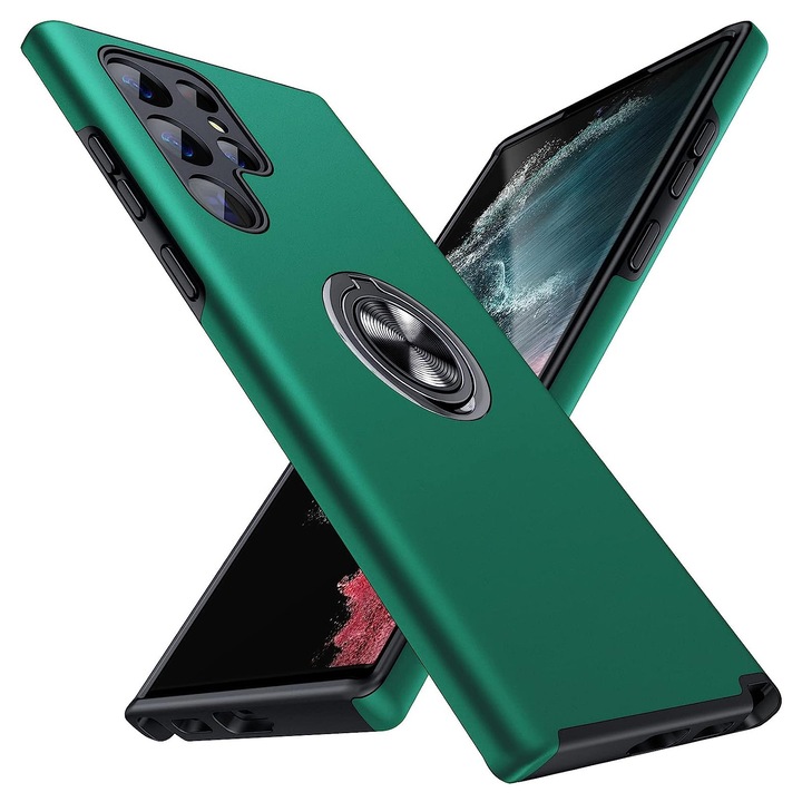 Husa pentru Samsung Galaxy S22 Ultra, MobileSmart, Hibrid Antisoc, Inel Rotativ 360° Magnetic pentru Suport Auto, Verde