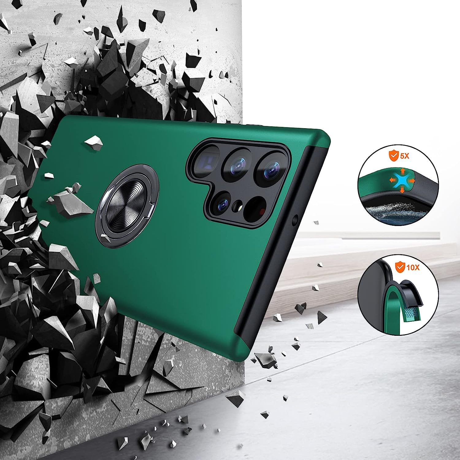 Husa pentru Samsung Galaxy S22 ULTRA, inel rotativ 360° si Kickstand, Protectie Militara Antisoc, cu disipare termica, Verde