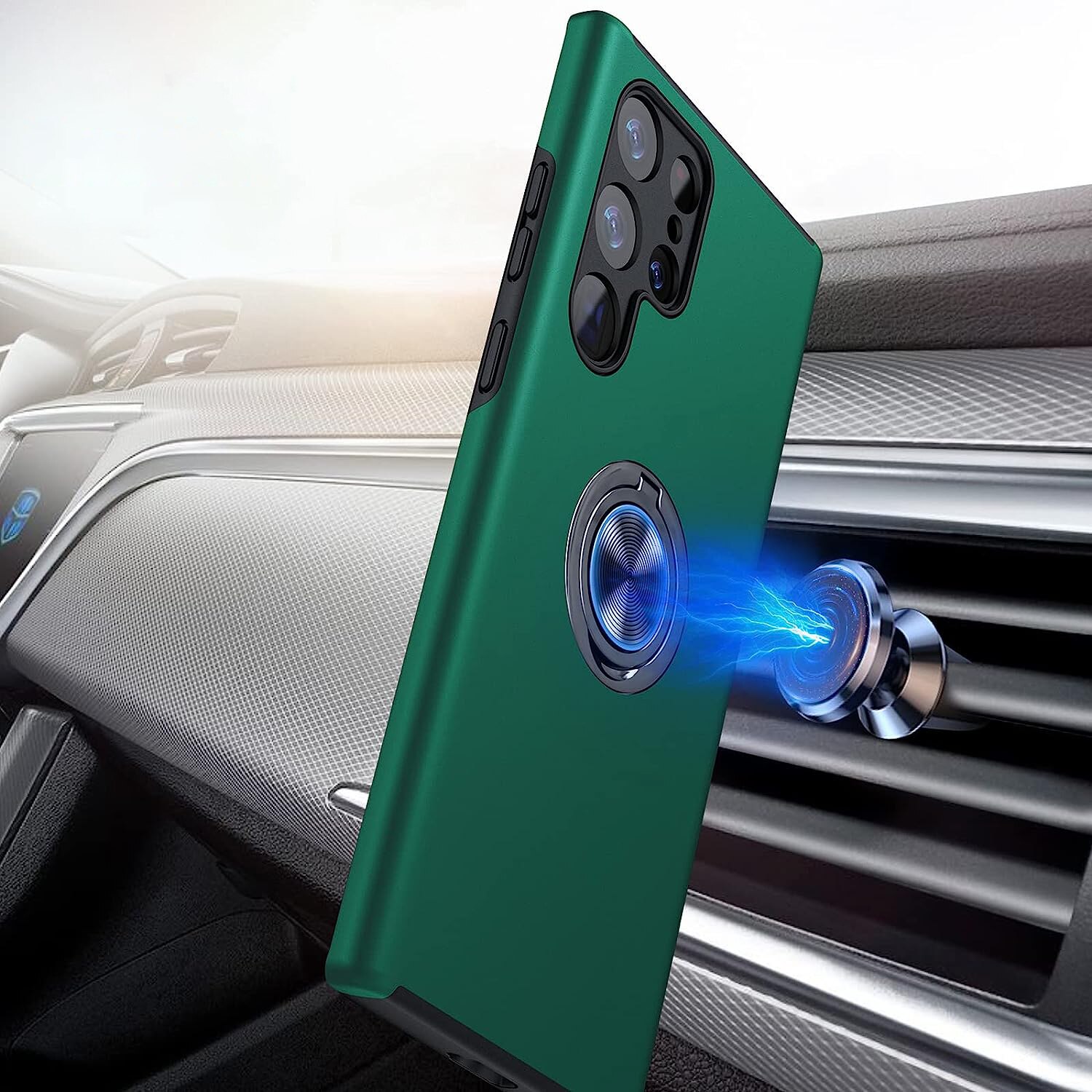 Husa pentru Samsung Galaxy S22 ULTRA, inel rotativ 360° si Kickstand, Protectie Militara Antisoc, cu disipare termica, Verde
