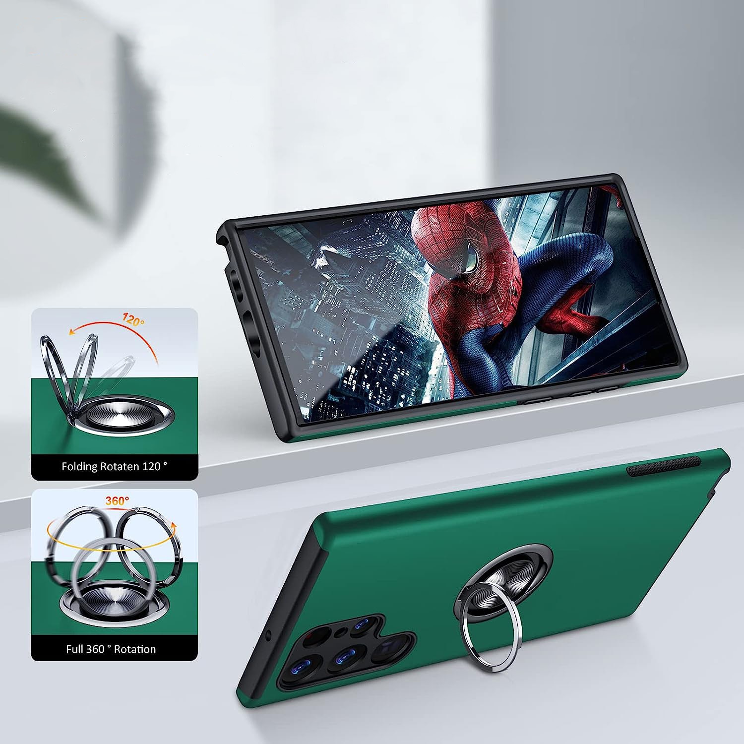 Husa pentru Samsung Galaxy S22 ULTRA, inel rotativ 360° si Kickstand, Protectie Militara Antisoc, cu disipare termica, Verde