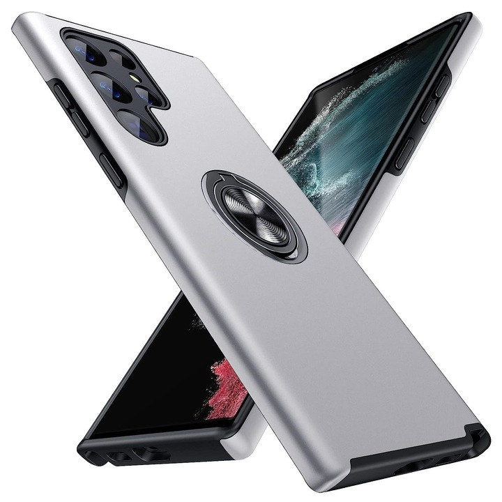 Husa pentru Samsung Galaxy S22 ULTRA, inel rotativ 360° si Kickstand, Protectie Militara Antisoc, cu disipare termica, Silver