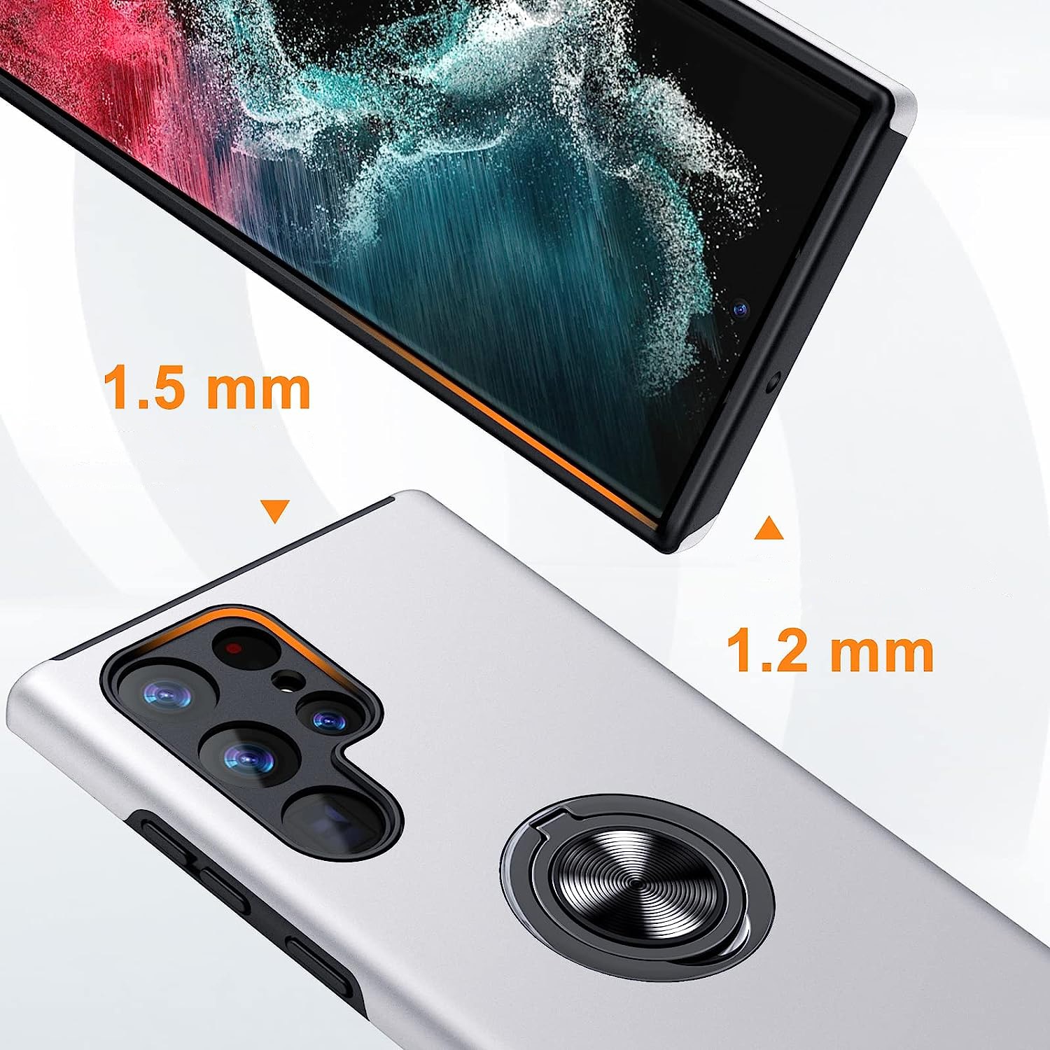 Husa pentru Samsung Galaxy S22 ULTRA, inel rotativ 360° si Kickstand, Protectie Militara Antisoc, cu disipare termica, Silver