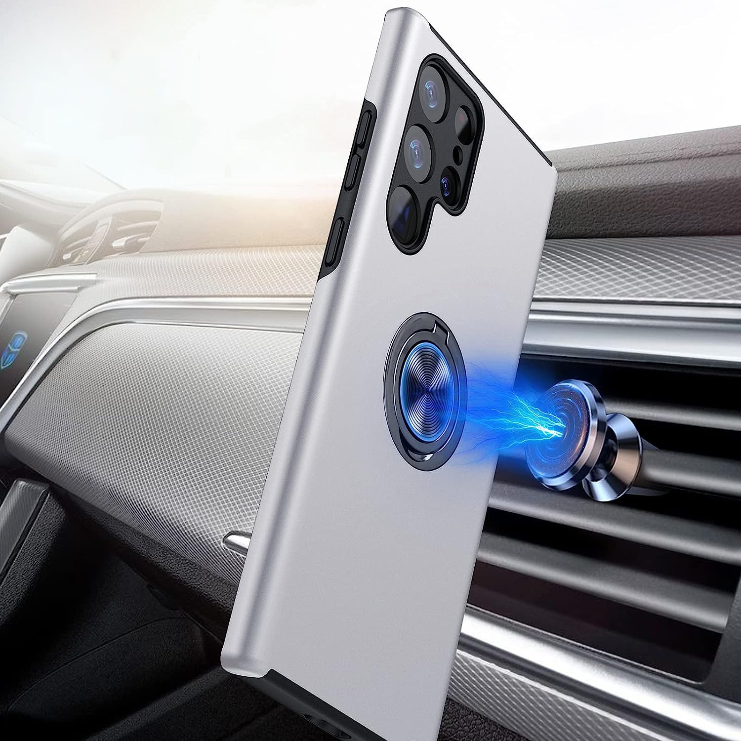 Husa pentru Samsung Galaxy S22 ULTRA, inel rotativ 360° si Kickstand, Protectie Militara Antisoc, cu disipare termica, Silver