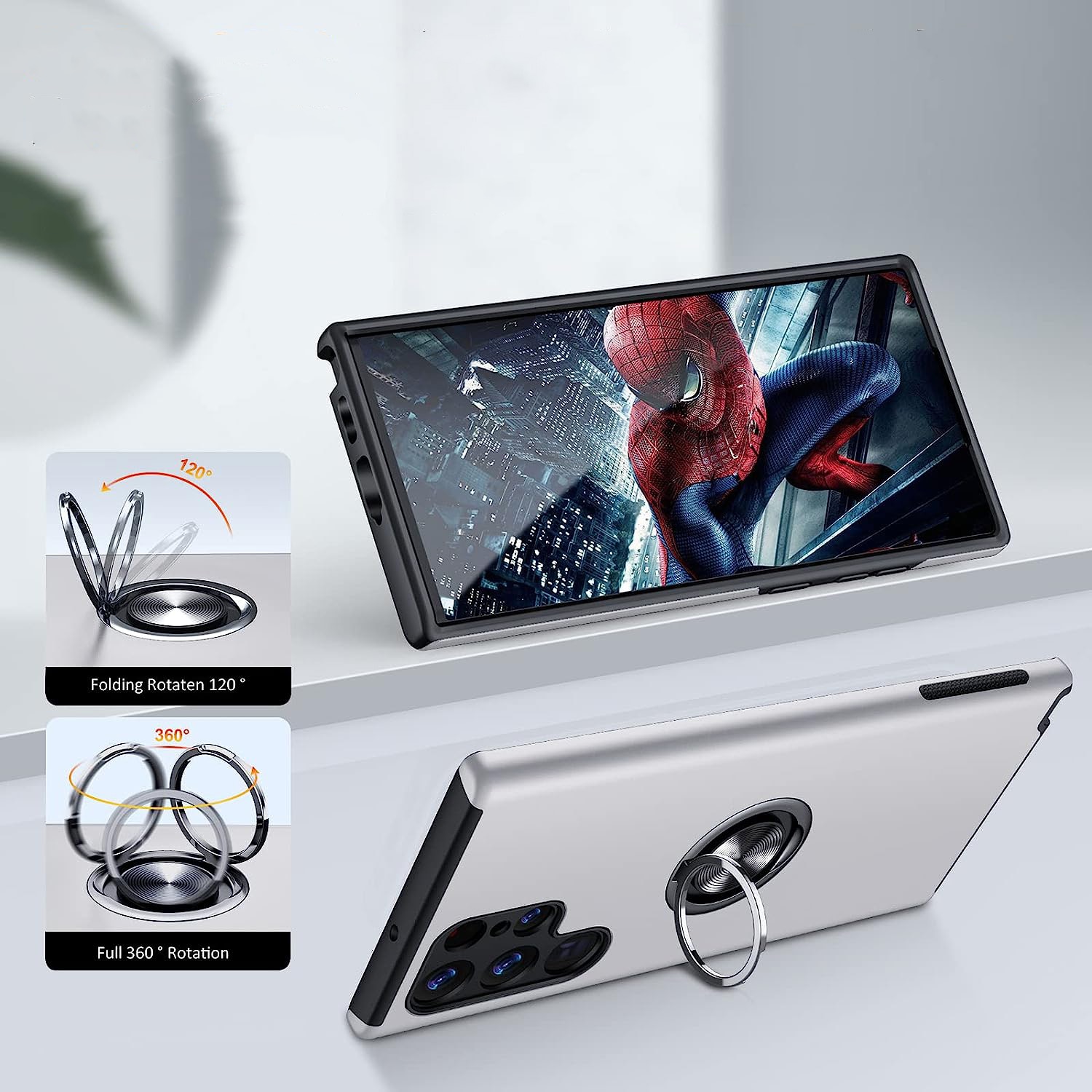 Husa pentru Samsung Galaxy S22 ULTRA, inel rotativ 360° si Kickstand, Protectie Militara Antisoc, cu disipare termica, Silver