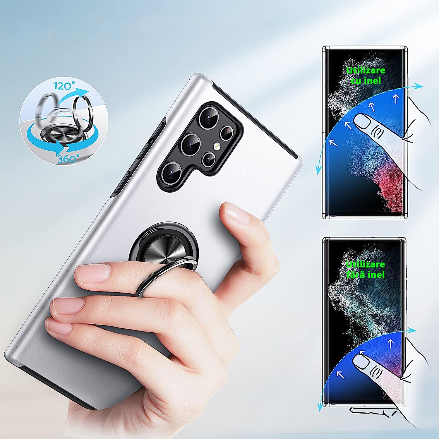 Husa pentru Samsung Galaxy S22 ULTRA, inel rotativ 360° si Kickstand, Protectie Militara Antisoc, cu disipare termica, Silver