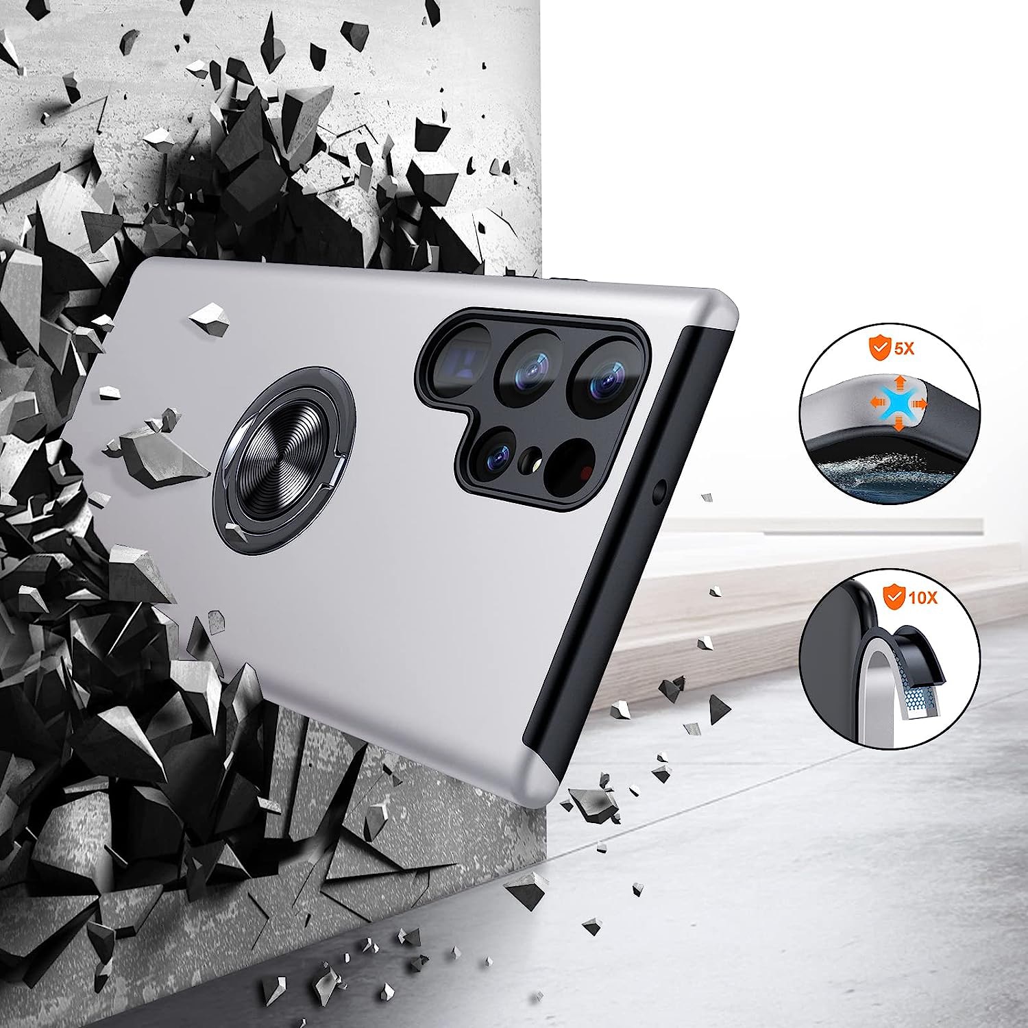 Husa pentru Samsung Galaxy S22 ULTRA, inel rotativ 360° si Kickstand, Protectie Militara Antisoc, cu disipare termica, Silver