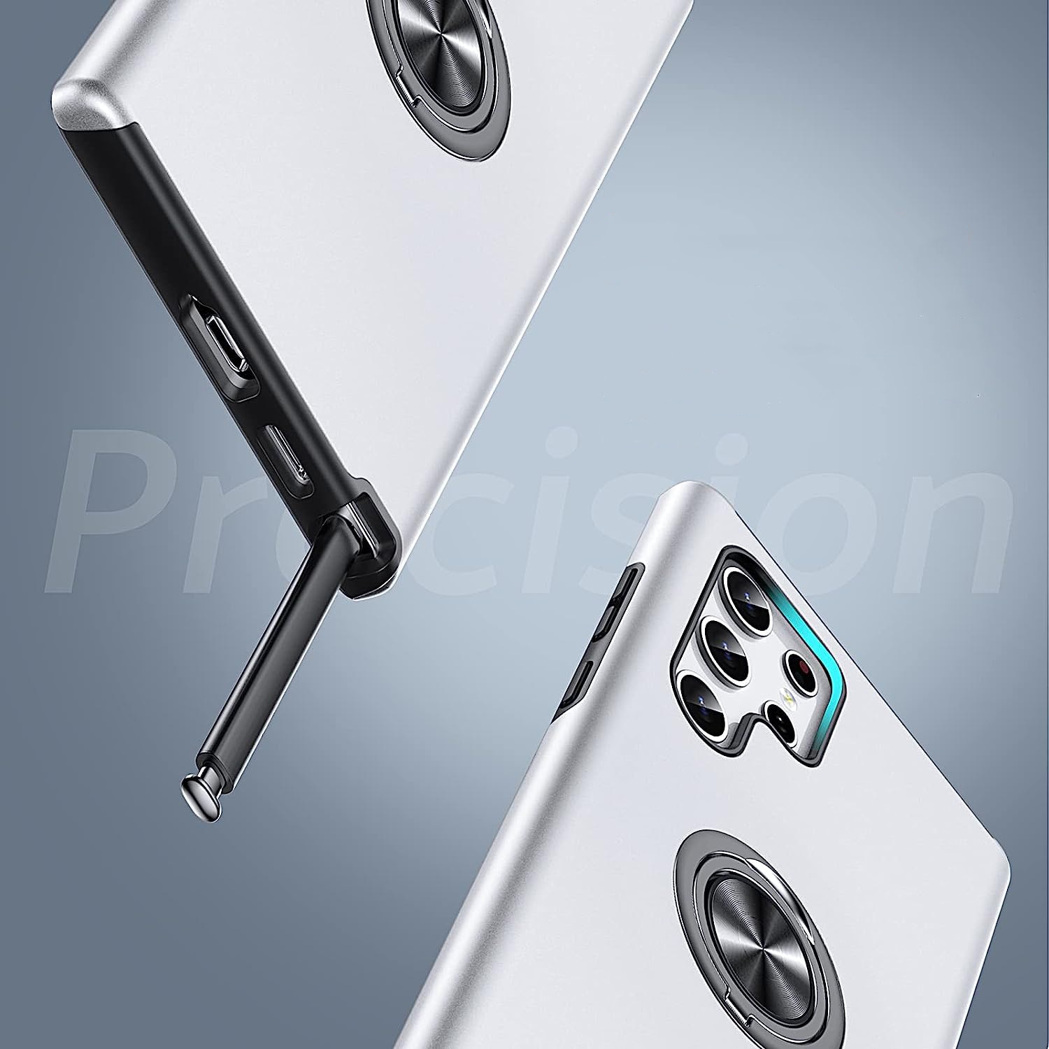 Husa pentru Samsung Galaxy S22 ULTRA, inel rotativ 360° si Kickstand, Protectie Militara Antisoc, cu disipare termica, Silver