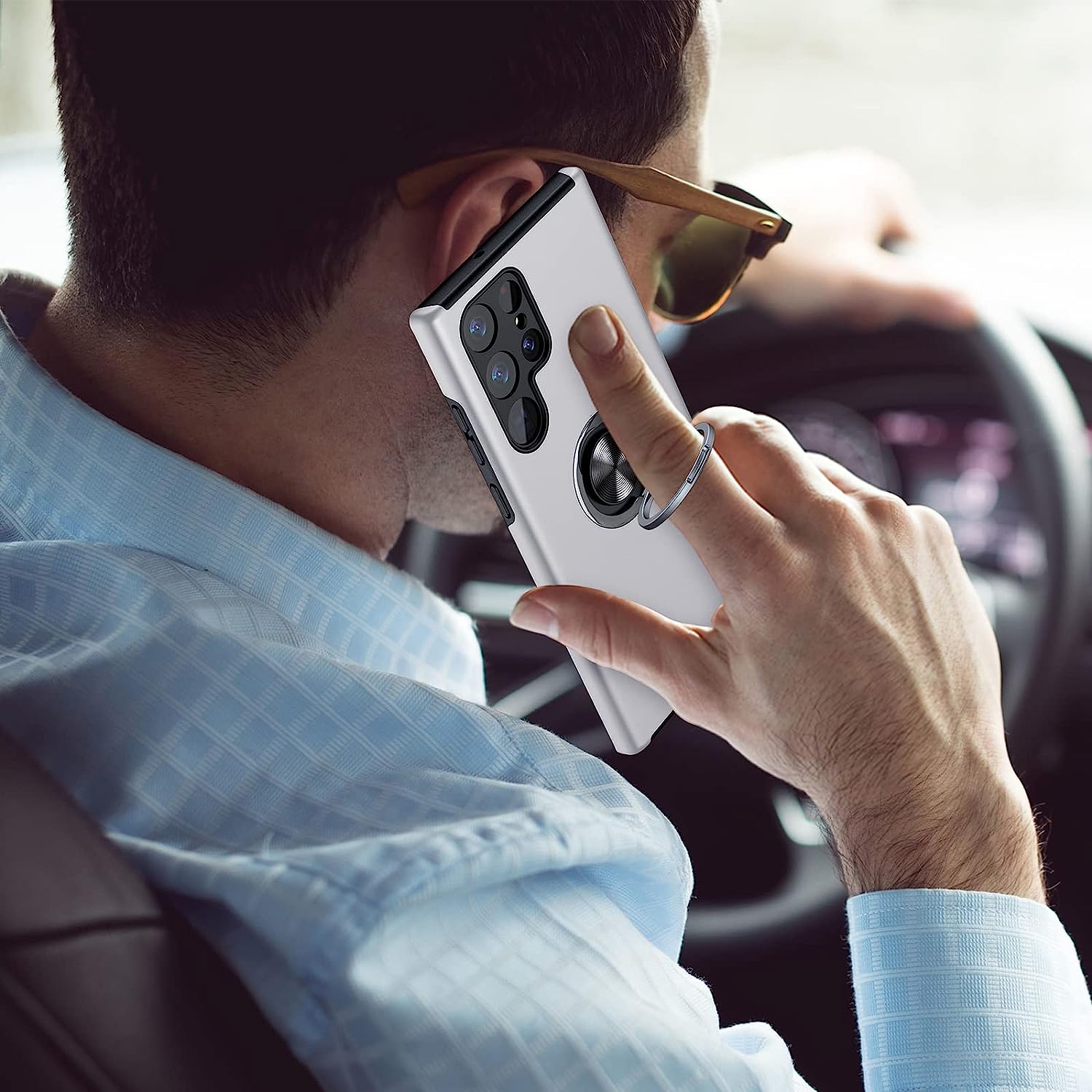 Husa pentru Samsung Galaxy S22 ULTRA, inel rotativ 360° si Kickstand, Protectie Militara Antisoc, cu disipare termica, Silver