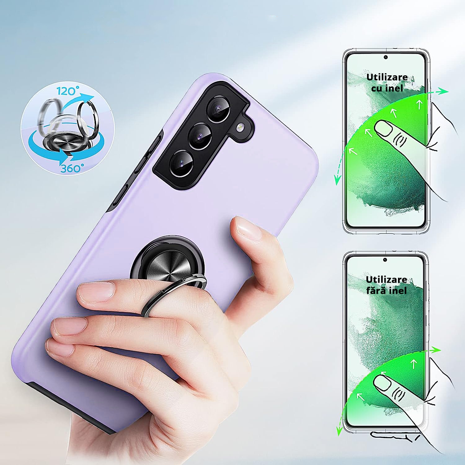 Husa pentru Samsung Galaxy S22, inel rotativ 360° si Kickstand, Protectie Militara Antisoc, cu disipare termica, Purple
