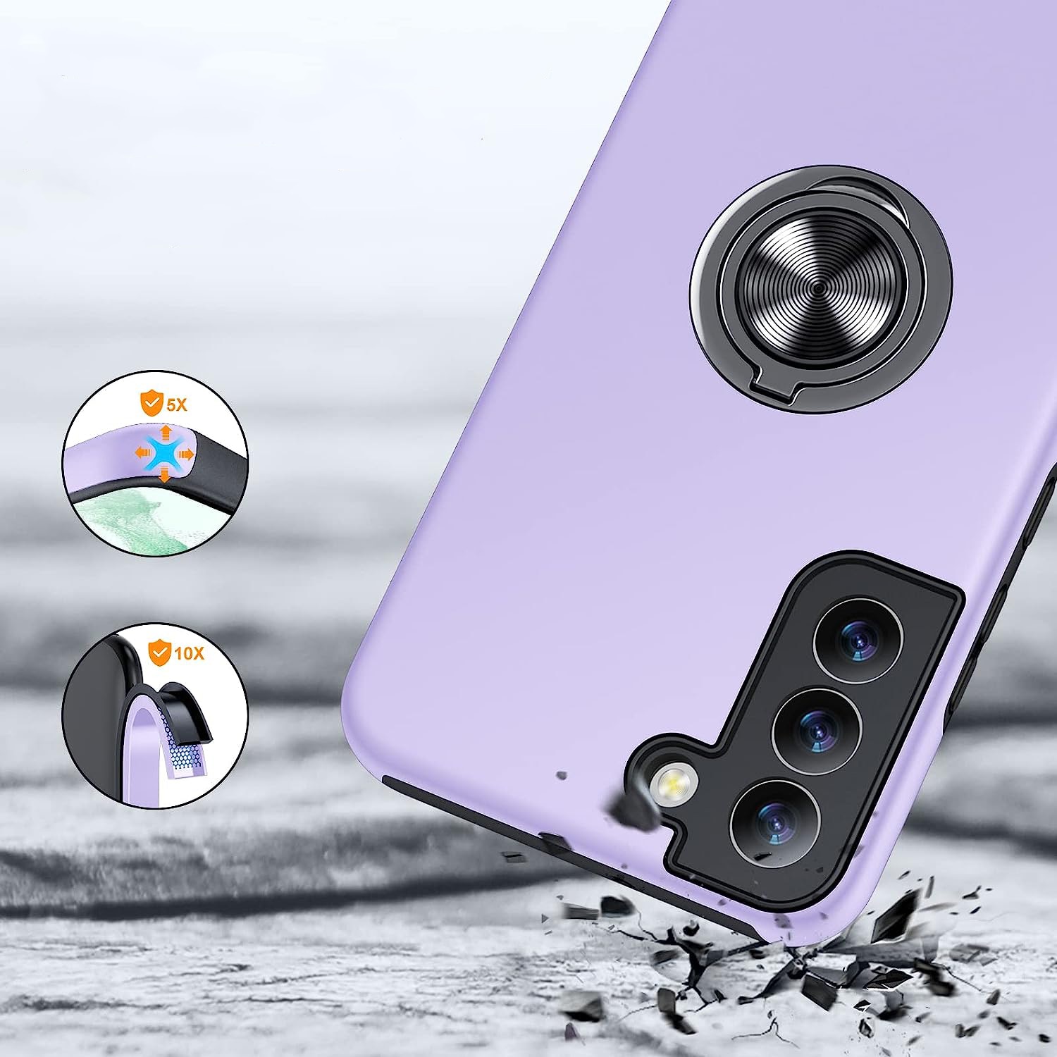Husa pentru Samsung Galaxy S22, inel rotativ 360° si Kickstand, Protectie Militara Antisoc, cu disipare termica, Purple
