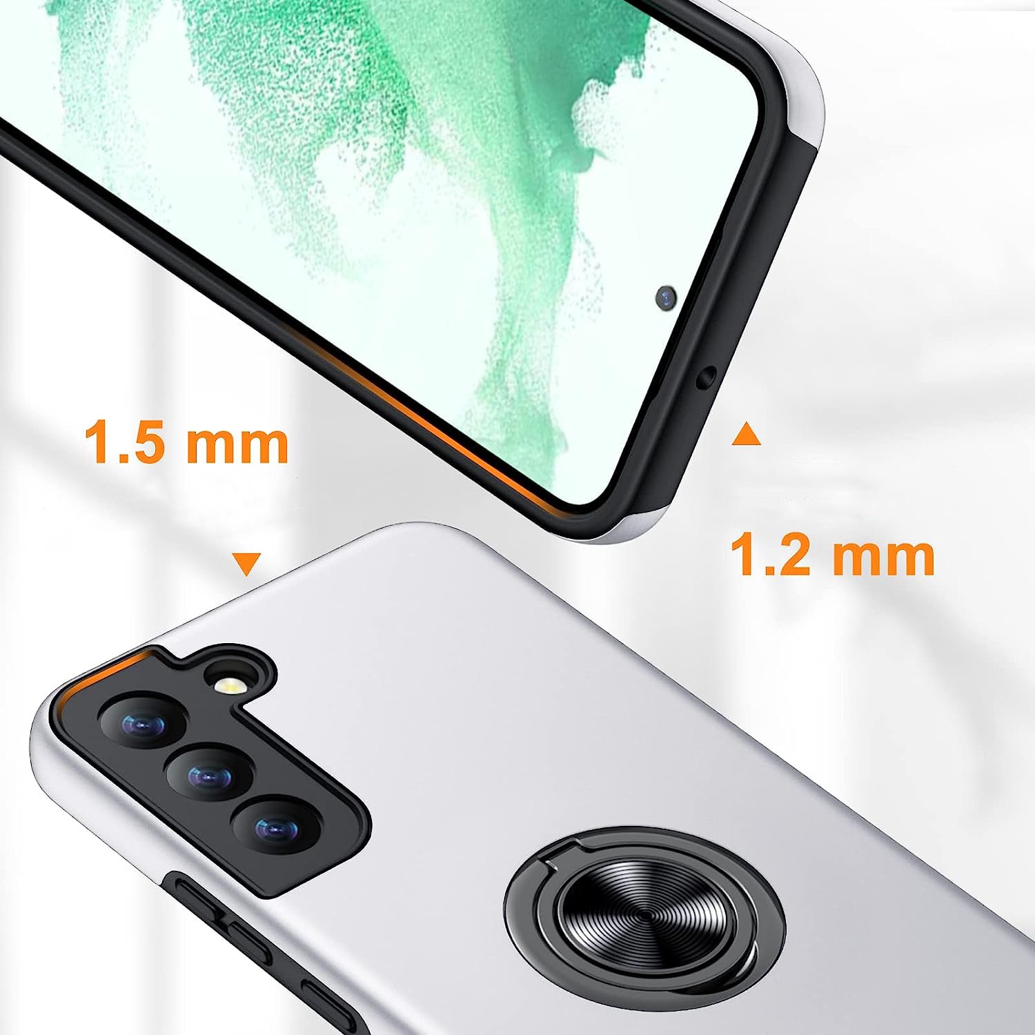 Husa pentru Samsung Galaxy S22 PLUS, inel rotativ 360° si Kickstand, Protectie Militara Antisoc, cu disipare termica, Silver
