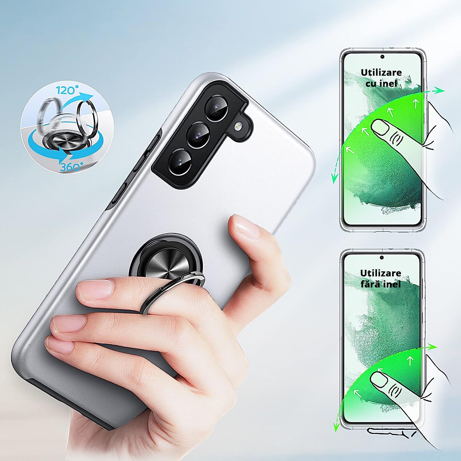 Husa pentru Samsung Galaxy S22 PLUS, inel rotativ 360° si Kickstand, Protectie Militara Antisoc, cu disipare termica, Silver
