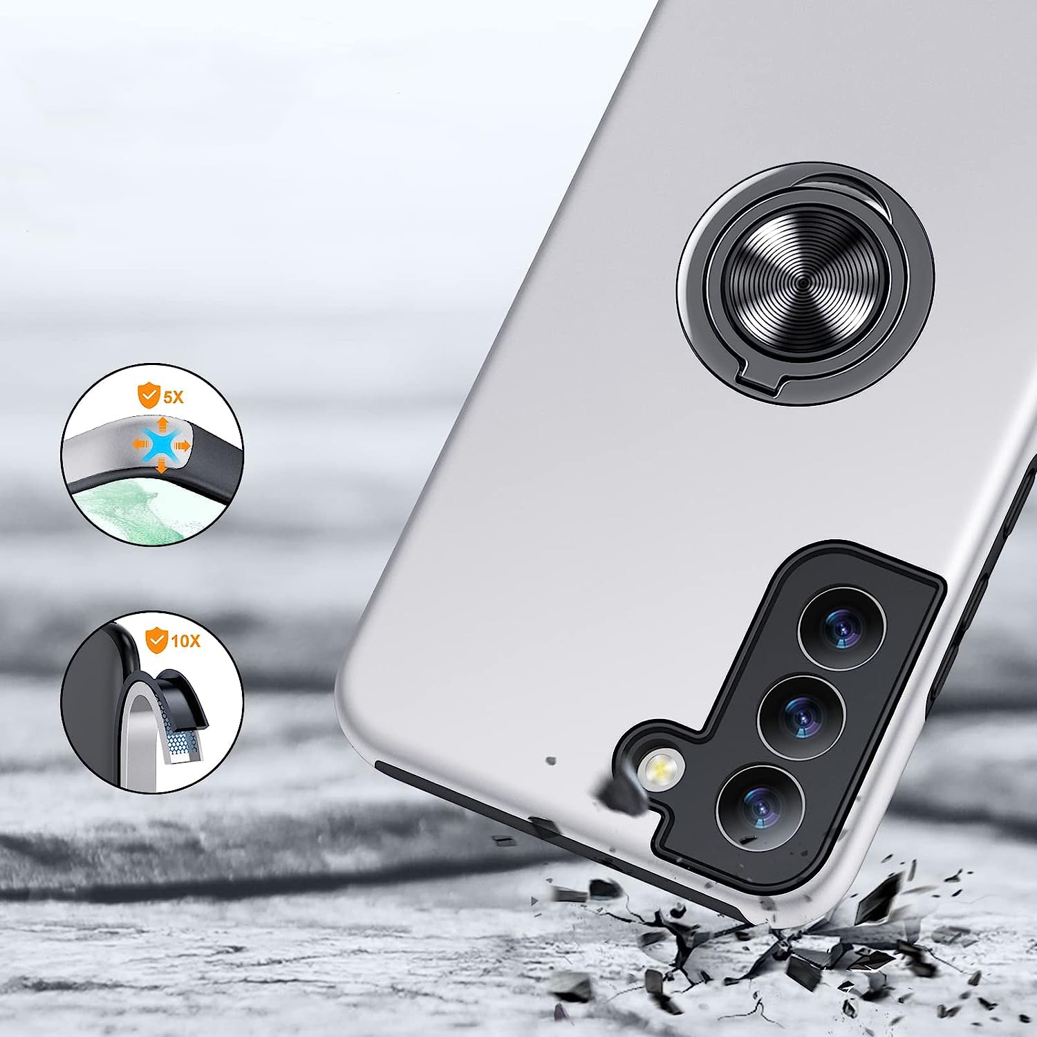 Husa pentru Samsung Galaxy S22 PLUS, inel rotativ 360° si Kickstand, Protectie Militara Antisoc, cu disipare termica, Silver