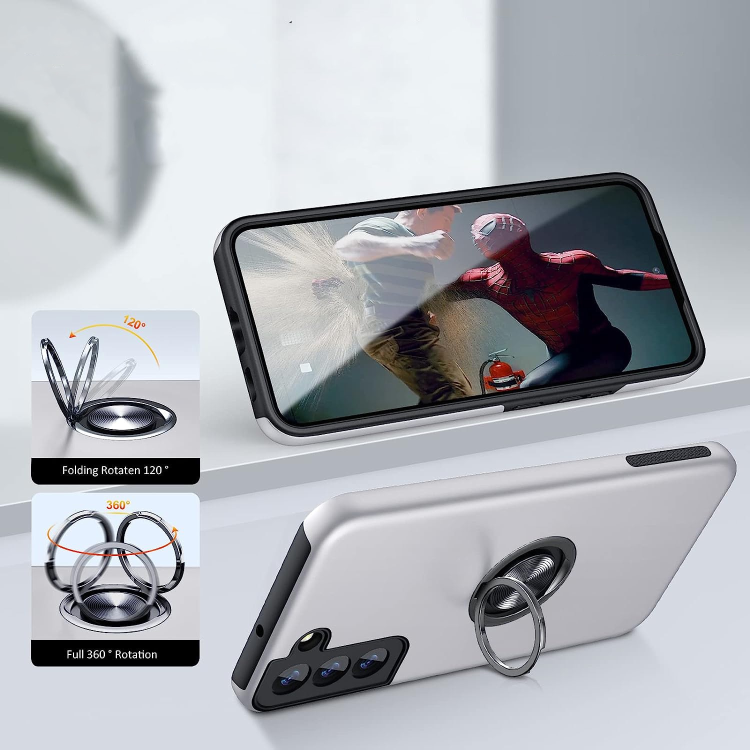 Husa pentru Samsung Galaxy S22 PLUS, inel rotativ 360° si Kickstand, Protectie Militara Antisoc, cu disipare termica, Silver