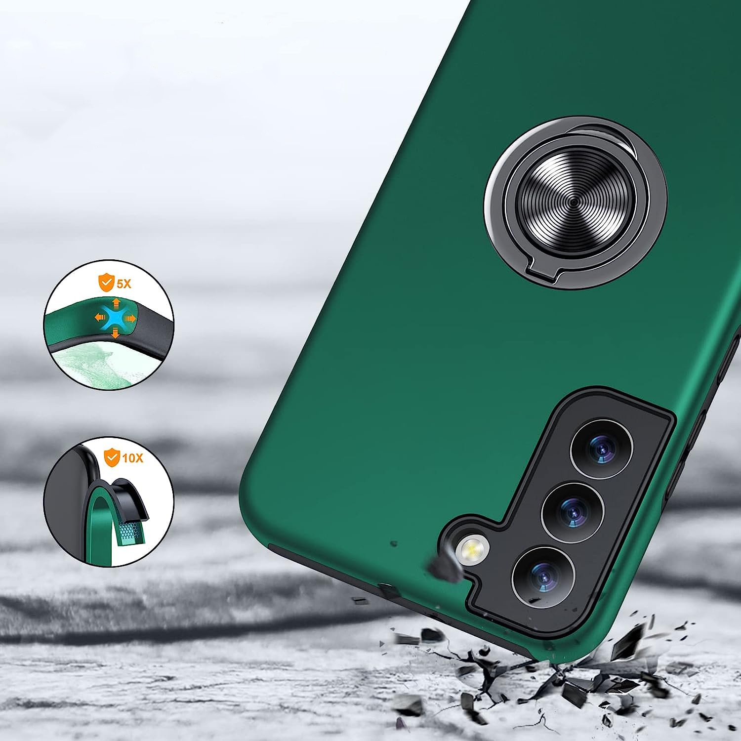 Husa pentru Samsung Galaxy S22, inel rotativ 360° si Kickstand, Protectie Militara Antisoc, cu disipare termica, Verde
