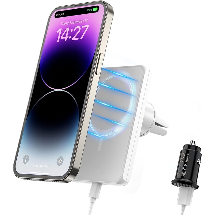 Incarcator auto magnetic wireless, compatibil cu incarcatorul auto Mag-Safe pentru seria iPhone 14/13/12, suport auto pentru telefon pe grila de ventilatie cu incarcator auto de 18W, alb