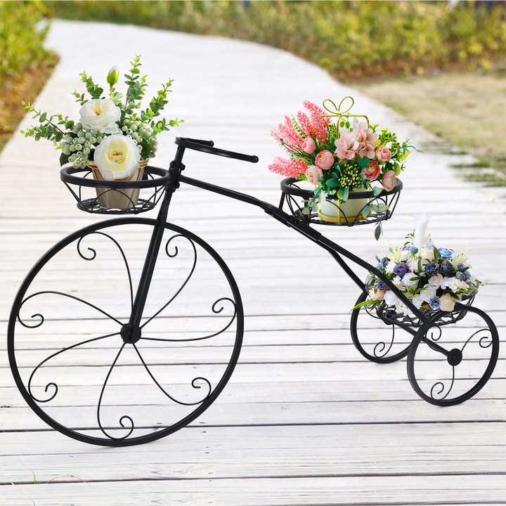 Suport pentru flori in forma de bicicleta Vintage, UNHO, 3 rafturi, dimensiune 80x50x24 cm