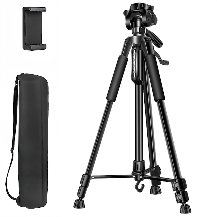 Регулируем телескопичен статив BYONDSELF, 58-170 см, За фотоапарат/телефон, С чанта, Държач за телефон, Универсален, Черен