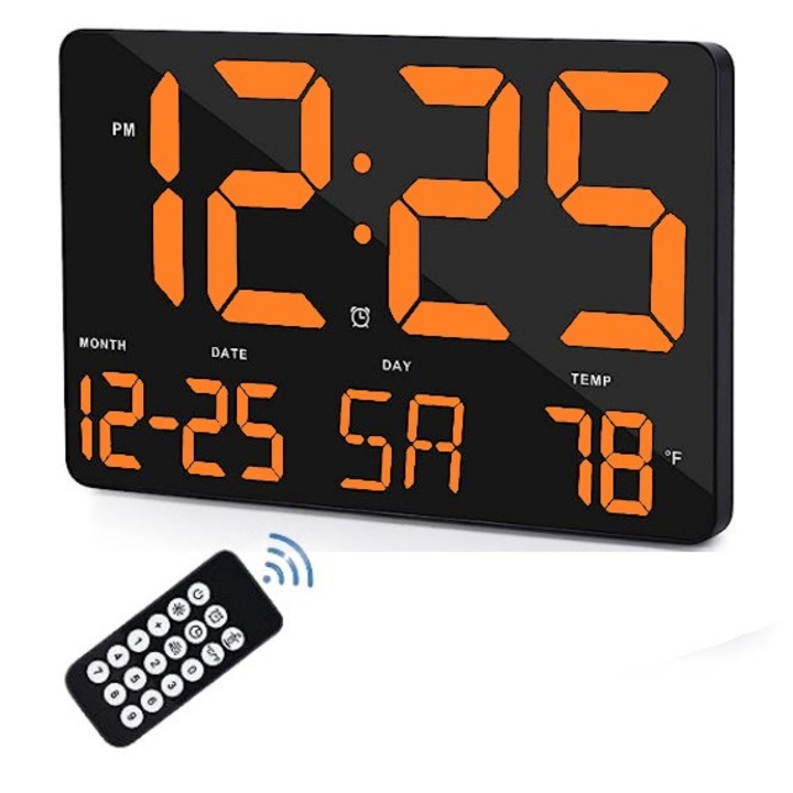 Ceas Digital de Masa si Perete 25x16cm cu LED Portocalie, Calendar, Temperatura, Alarma, Snooze si Luminozitate Ajustabila