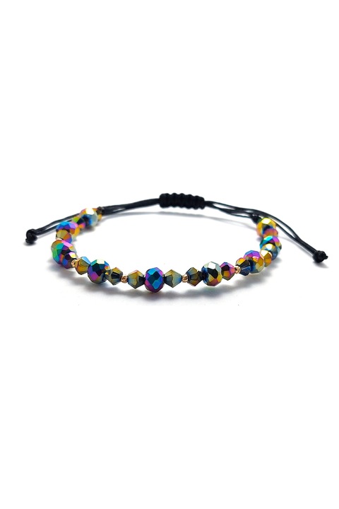 Bratara cu snur, cristale cameleon combi si 8 bilute striate de 2mm din aur 14k