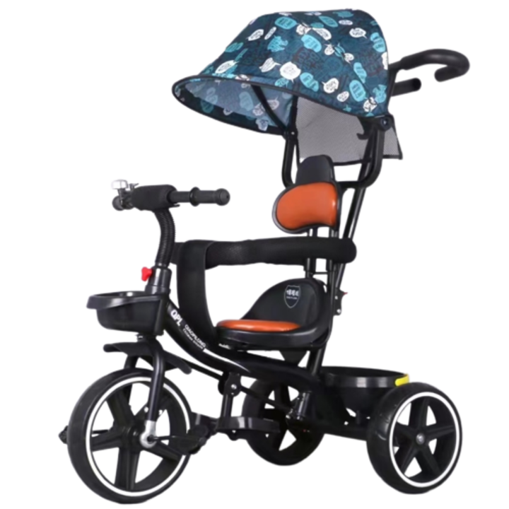 Tricicleta cu copertina retractabila pentru copii 2 - 6 ani, Albastra, Maner parental si protectie in jurul sezutului