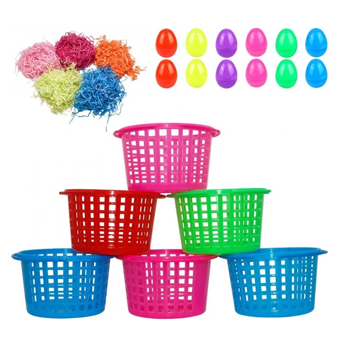 Set de 6 cosuri cu 5 pungi de iarba colorata si 12 oua pentru Paste Holady, plastic, multicolor