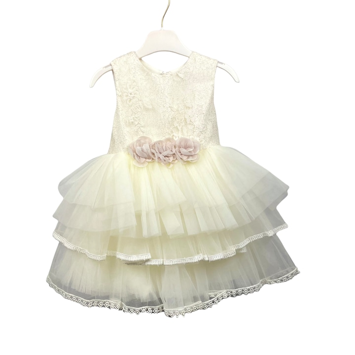 Rochita cu bentita de ocazie si botez Chicago pentru copii, bumbac, tul si dantela, Alb