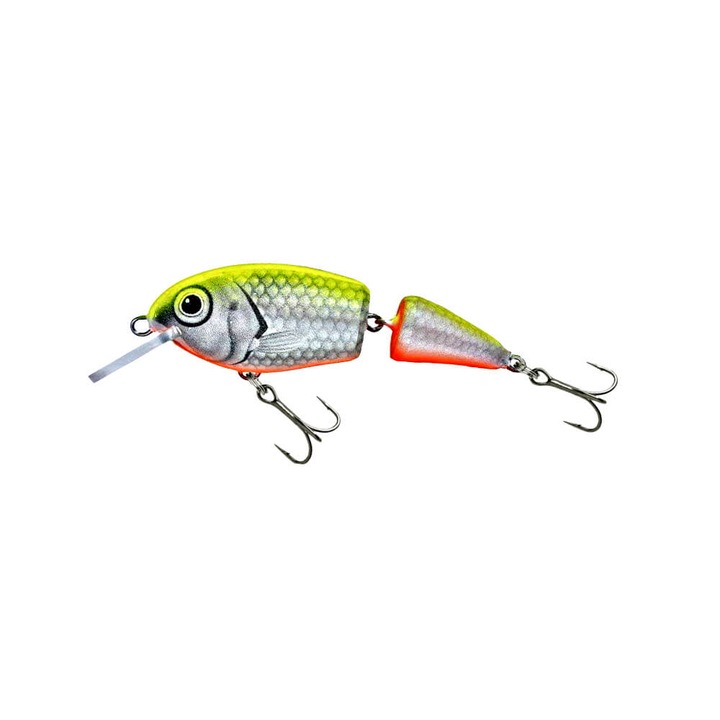 Vobler articulat Wobbler Vidra Perpetual Jointed 6.5cm, 11gr, Floating, SFC (Silver Fluo-Chartreuse) pentru pescuitul la pastrav, stiuca, salau, somn, avat