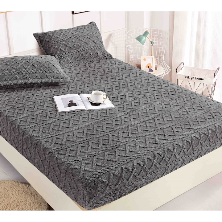 Калъфка за легло Cocolino и 2 калъфки за възглавници, Tricot, Jojo Home, Uni, 3 части, 2 лица, 180x200 см, Сив
