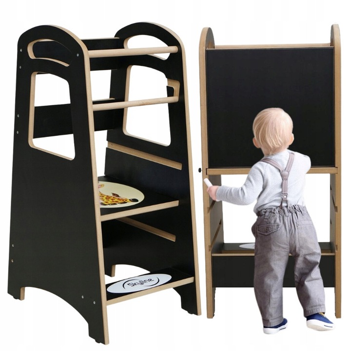 Кула за учене с дъска за писане, Skyline, Delux, 2в1, 86x46x40 см, Със стикер жираф, Монтесори, MDF 18 мм, От 9 месеца до 3 години, Противоплъзгащи крачета, 80 кг, Черно/Жълто
