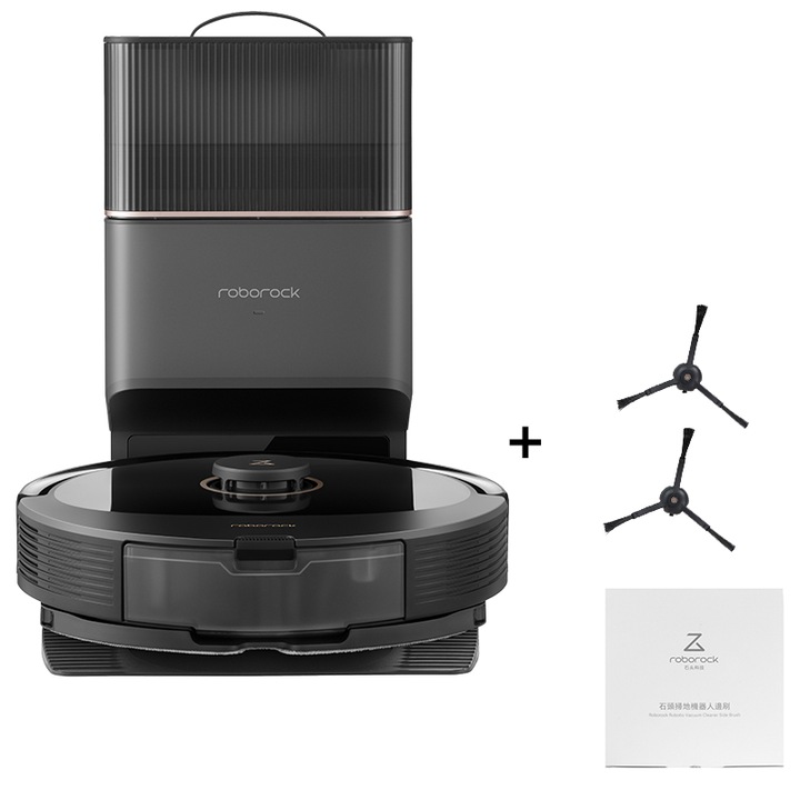 Прахосмукачка-робот Roborock Q8 Max+ със странична четка, засмукване Self-Empty Dock 5500Pa, четка DuoRoller™, капацитет на резервоара за вода 350ml, обем на кофата за боклук 470ml, торба за прах 2,5L, Reactive Tech, черна