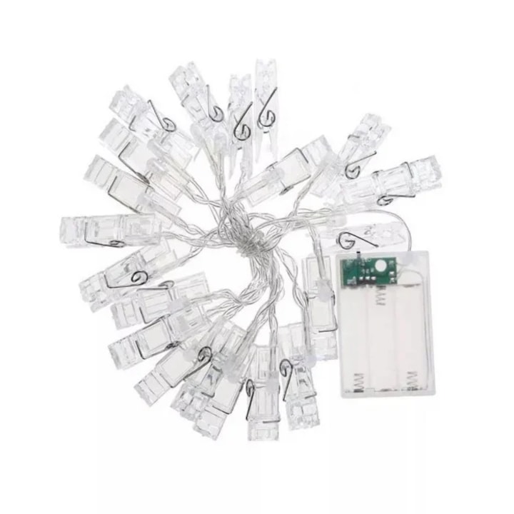Instalatie Ghirlanda cu 20 Carlige si 20 de Leduri pentru Prindere Fotografii, Lumina Alba, CBD CORAL BEST DEALS Alb rece 2 m 20