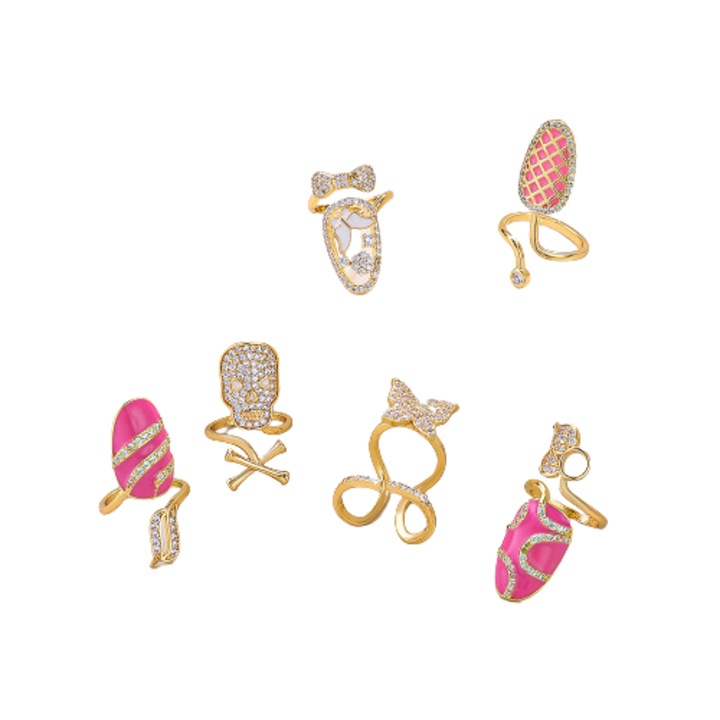 Set de 6 inele pentru unghii, model pentru varful degetelor, forma de cap de mort si fluture, pietre zirconiu, placat cu aur 18K, marime reglabila, Tessero, auriu si roz