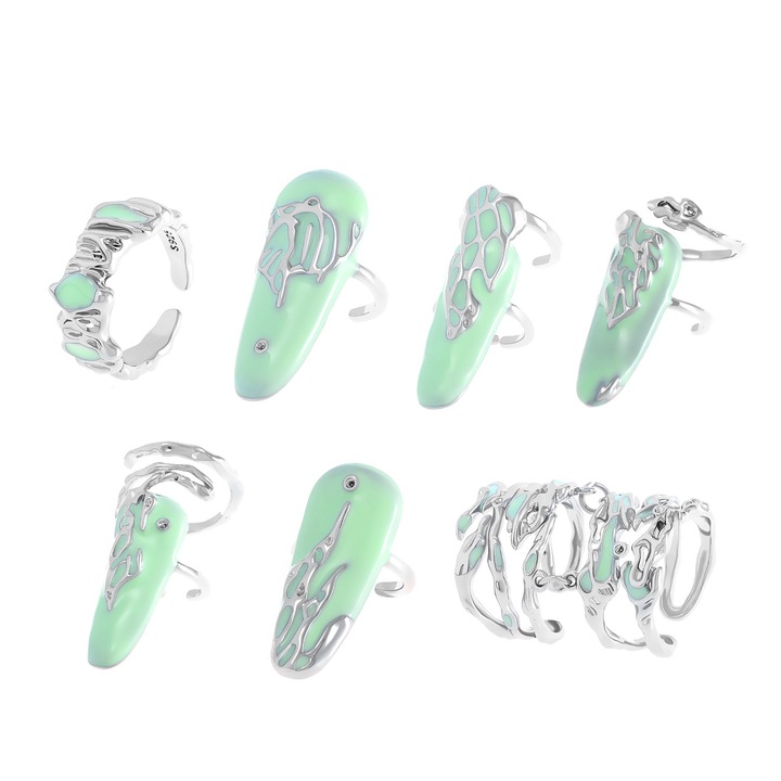 Set de 7 inele pentru unghii, model pentru varful degetelor, placat cu argint, marime reglabila, Tessero, argintiu si verde
